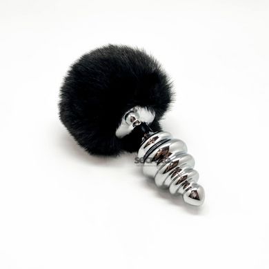 Металева анальна пробка Кролячий хвостик Alive Fluffy Twist Plug L Black, діаметр 3,8 см SO6311 фото